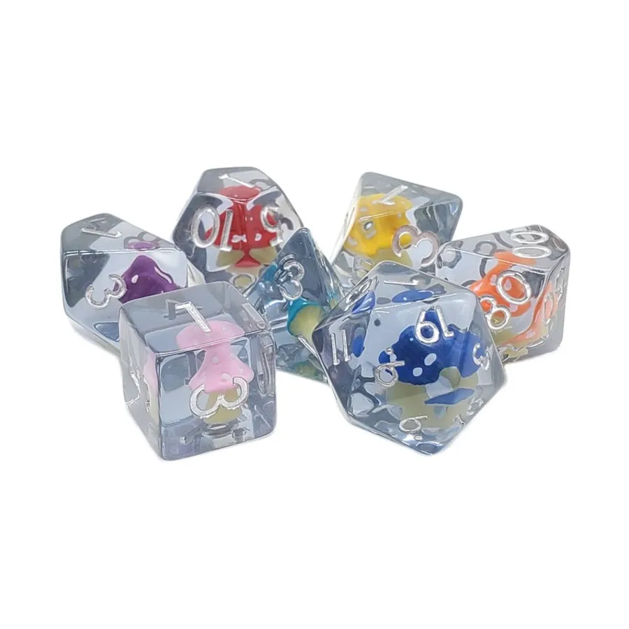 

Набор грибов Poly Set, Радуга с серебром (7), Acrylic-Resin Dice - Infused
