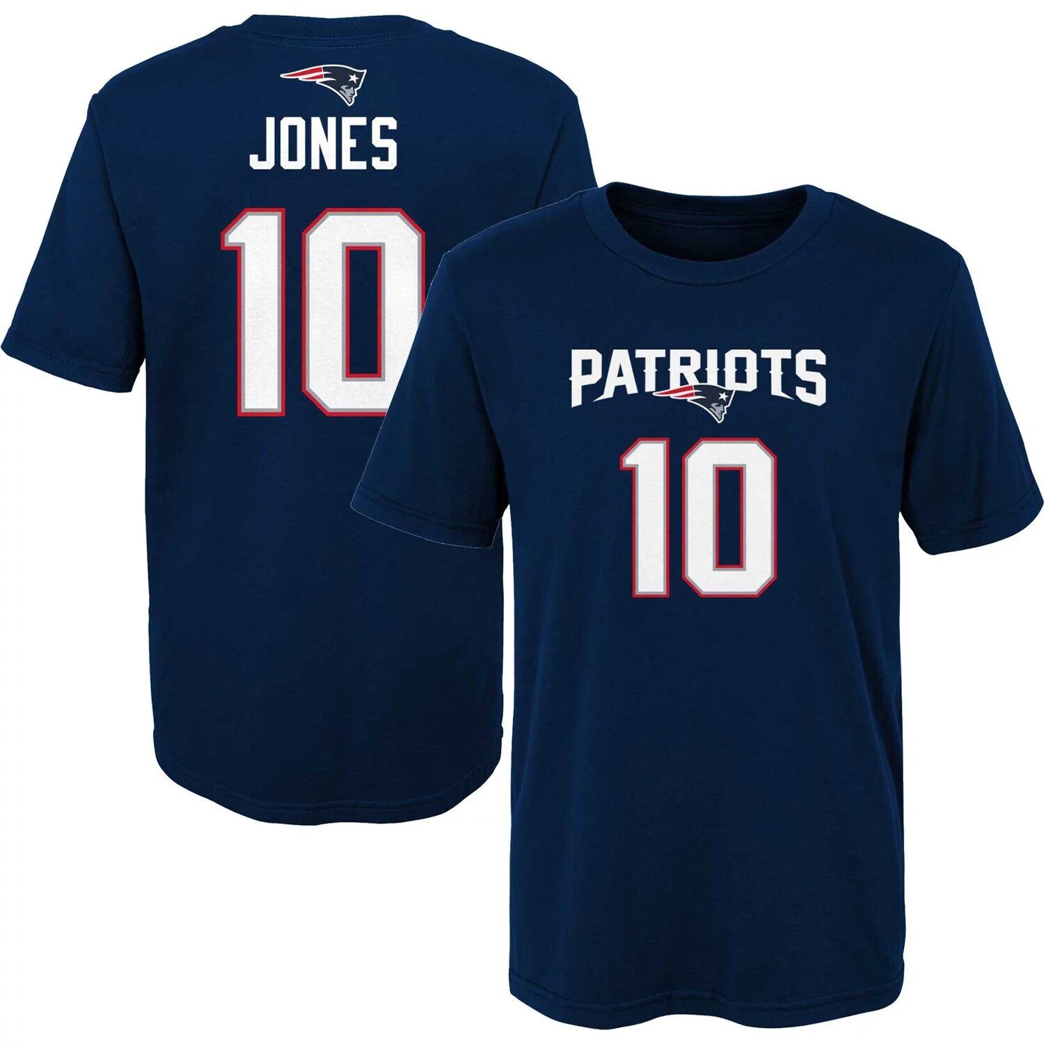 

Футболка с именем и номером игрока Mac Jones Navy New England Patriots Mainliner для дошкольников Outerstuff