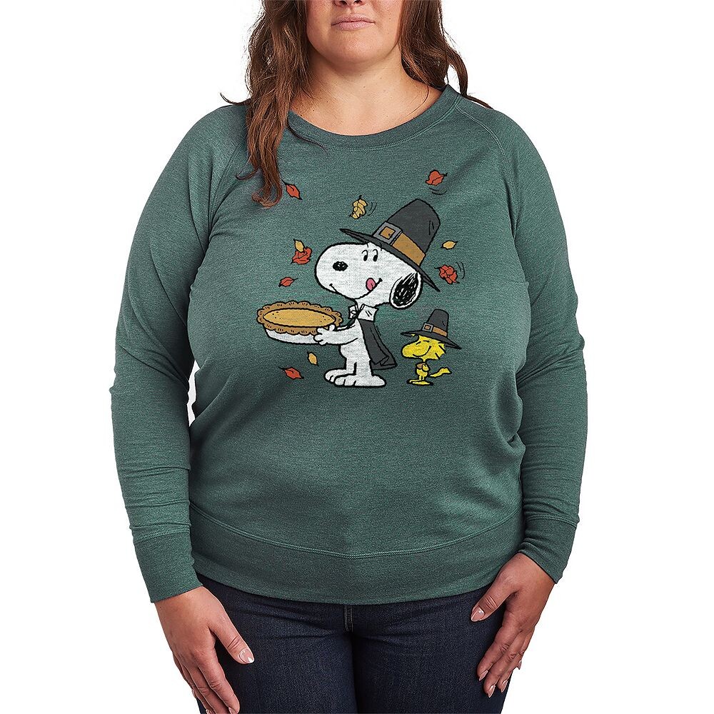 

Легкий свитшот из френч-терри размера плюс Peanuts Snoopy & Woodstock на День Благодарения Licensed Character, цвет Heather Green