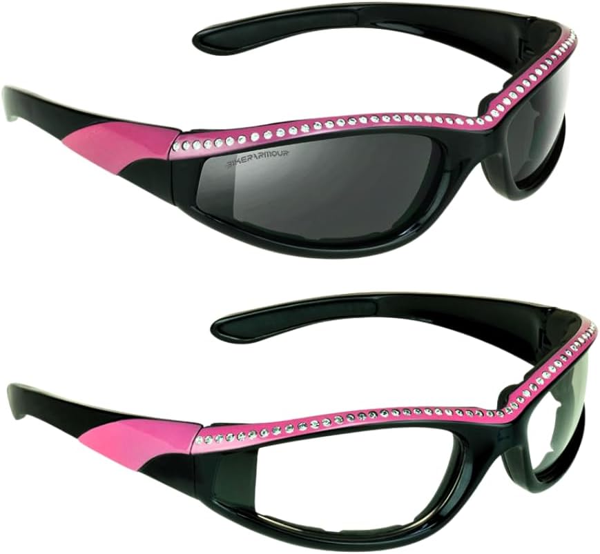 

Защитные мотоциклетные очки Bikershades со стразами для женщин, с мягкой подкладкой из пеноматериала, для дневного, дымчатого и ночного времени, желтого цвета, прозрачные, защищают от ветра и пыли, Smoke Pink + Clear Pink Combo