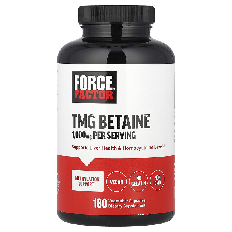 

Force Factor, TMG бетаин, 1000 мг, 180 растительных капсул (500 мг в 1 капсуле)