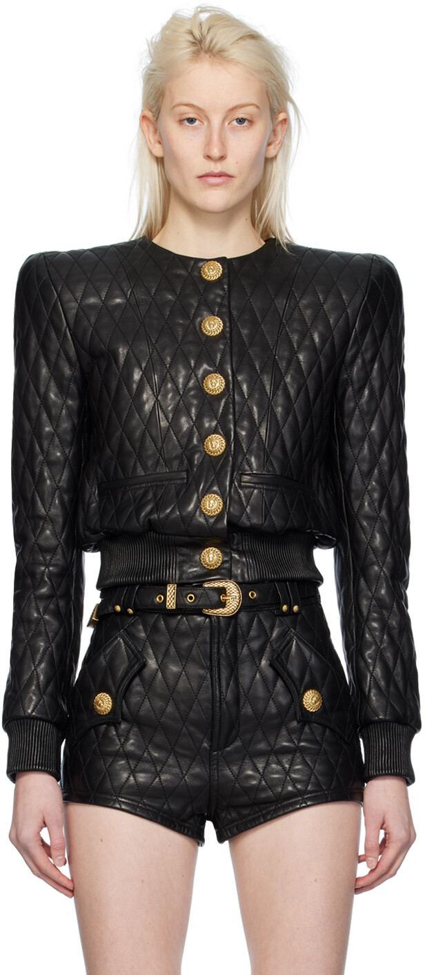 

Черная кожаная стеганая куртка Balmain