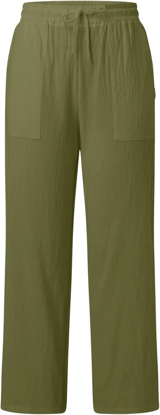 Generic Женские льняные брюки из хлопка и льна с высокой талией, прямым кроем, повседневные, для летнего отдыха на пляже, мягкие, размер A33, Army Green — фото 3