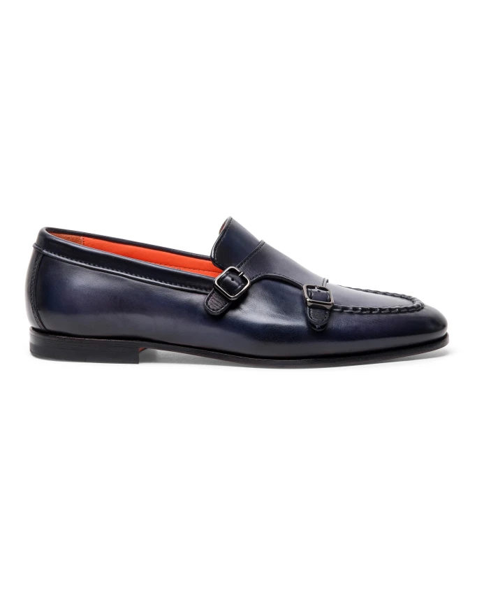 

Мужские кожаные лоферы с двойной пряжкой Santoni, синий