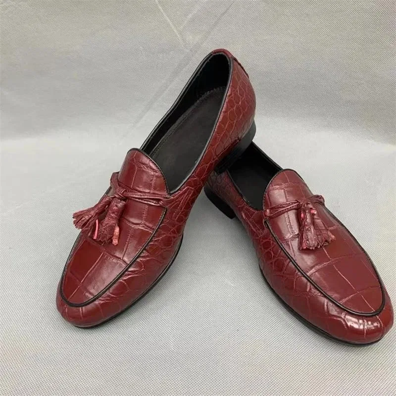 Лоферы из кожи аллигатора, модель Authentic Crocodile Skin Deep Blue Men's Tassel Moccasins Shoes Genuine Exotic Alligator Leather Male Slip-on Dress Flats, бордовый — фото 3