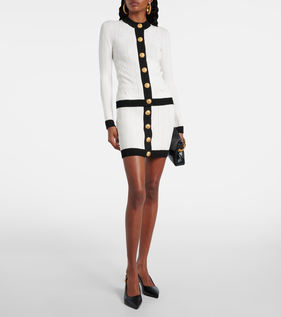 Рибёная вязаная мини-юбка Balmain, Blanc/Noir — фото 2