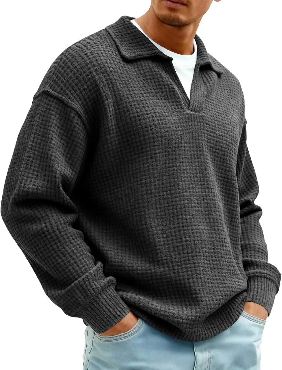 Мужская вязаная поло легкая с длинным рукавом Slim Fit — фото 2