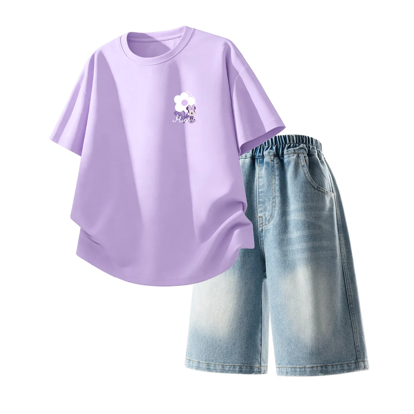 Детская повседневная спортивная футболка с круглым вырезом Disney, Di Xin Huani K Taro Purple+Solid Color Denim Blue