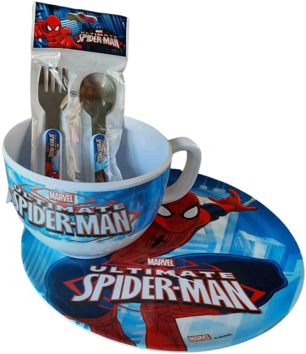 Набор для завтрака Spiderman из 3 предметов + рюкзак с прозрачной кружкой, тарелкой и столовыми приборами aquilone