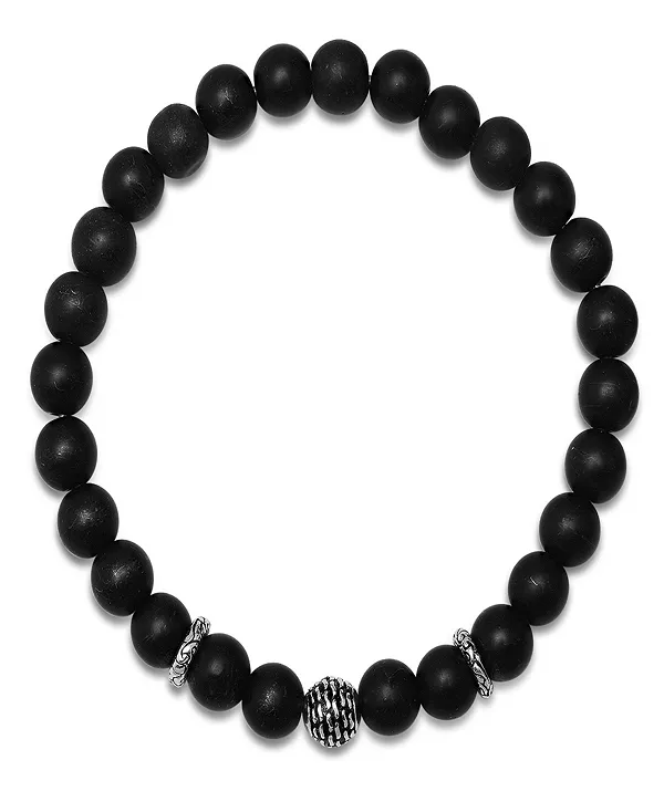 

Мужской эластичный браслет из стерлингового серебра и бусин из черной лавы Steeltime, black