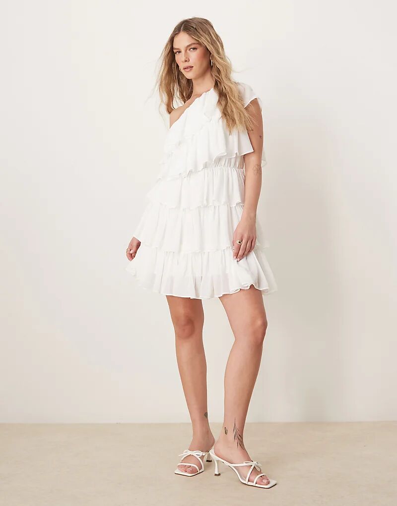 

Anaya Многоярусное мини-платье на одно плечо белого цвета