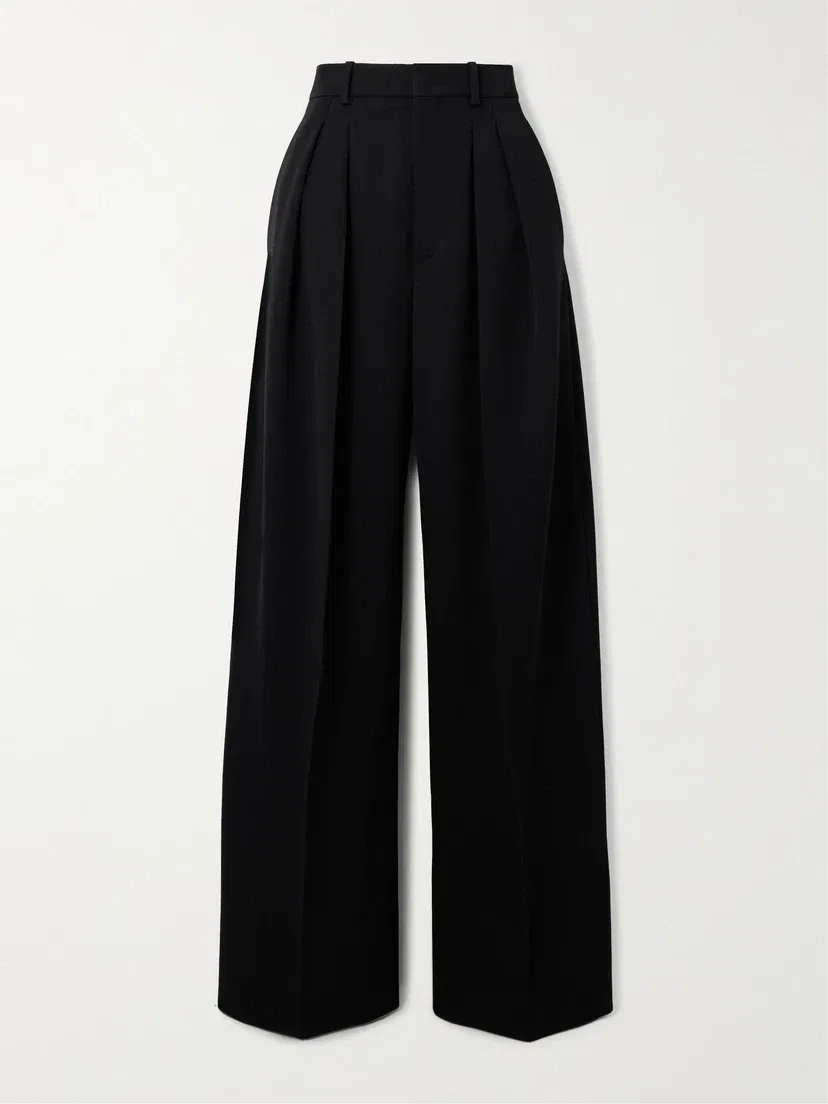 Шерстяные широкие брюки со складками SAINT LAURENT, черный