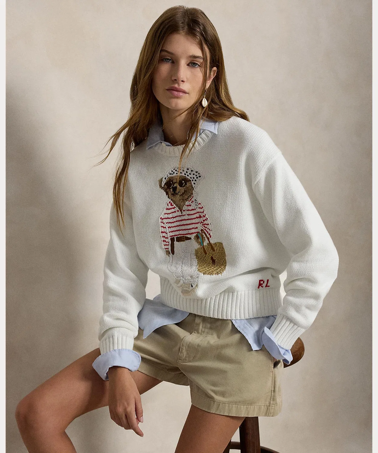 Свитер с медведем Polo Ralph Lauren, круглый вырез, белый