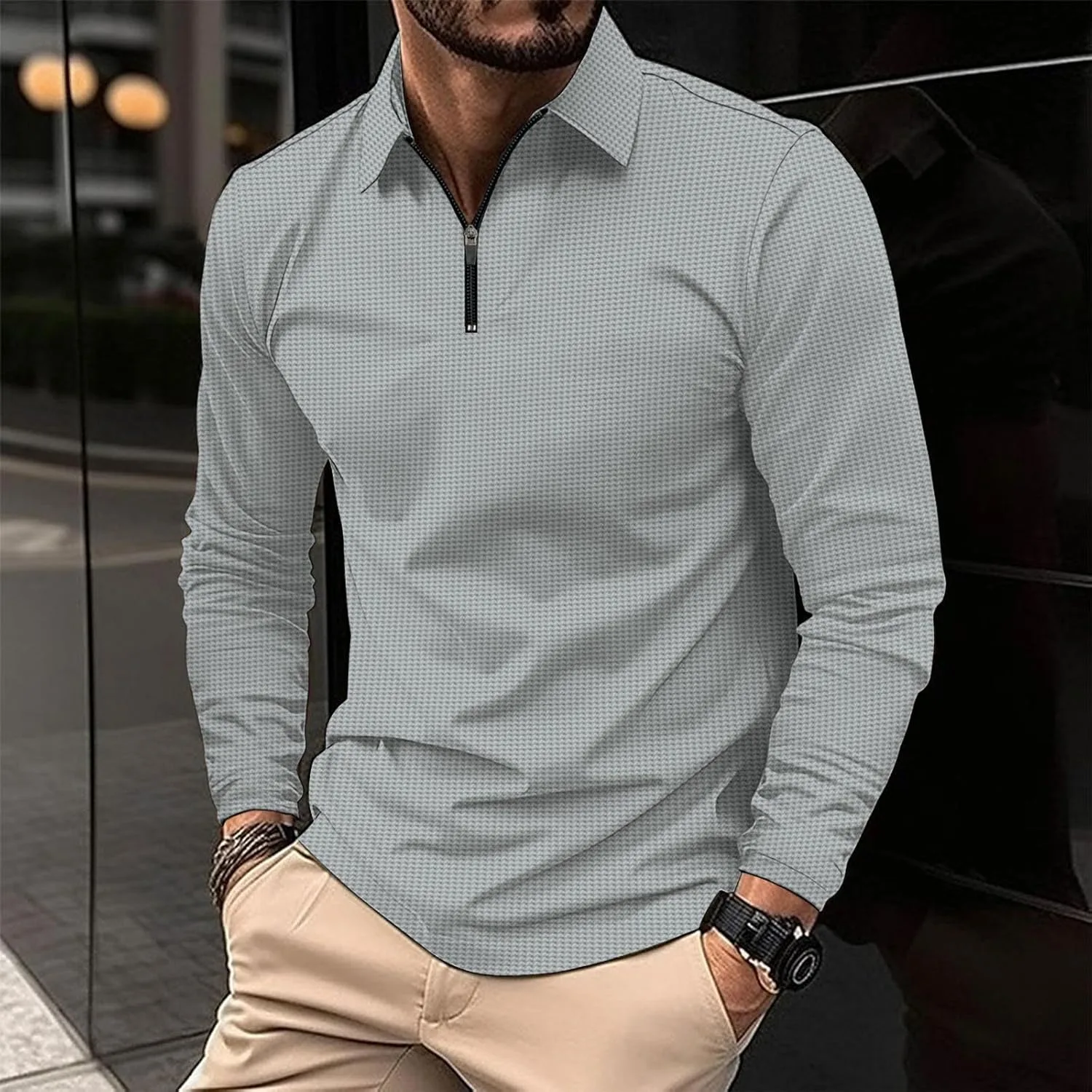 Мужская футболка с длинным рукавом и воротником-стойкой, Slim Fit, для офиса и гольфа — фото 2