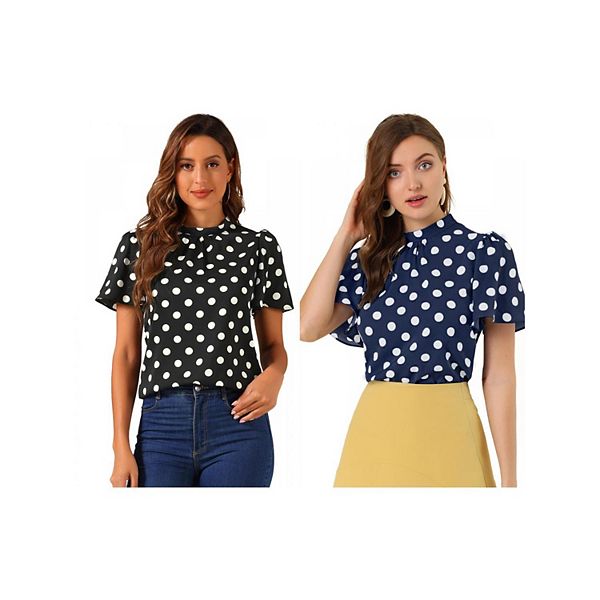 

2 упаковки женской блузки в горошек с отложным воротником, плиссировкой и вырезом на спине, короткими расклешенными рукавами Inspire Chic, Black Navy Blue