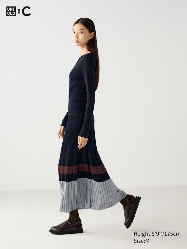 

Юбка в рубчик из смеси мериноса цветной блок Uniqlo, синий
