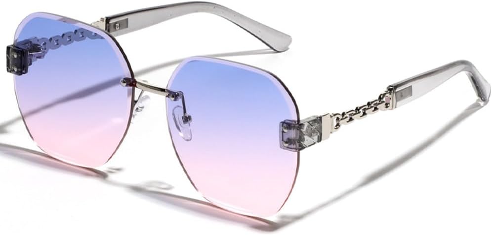 

Модные солнцезащитные очки без оправы с изысканной цепочкой для мужчин и женщин, большие солнцезащитные очки с бриллиантовой отделкой, защита от УФ-излучения UV400 HVTVTLA, Pink Blue