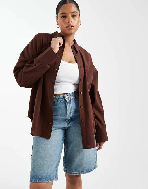 

Коричневая льняная рубашка оверсайз ASOS DESIGN Curve