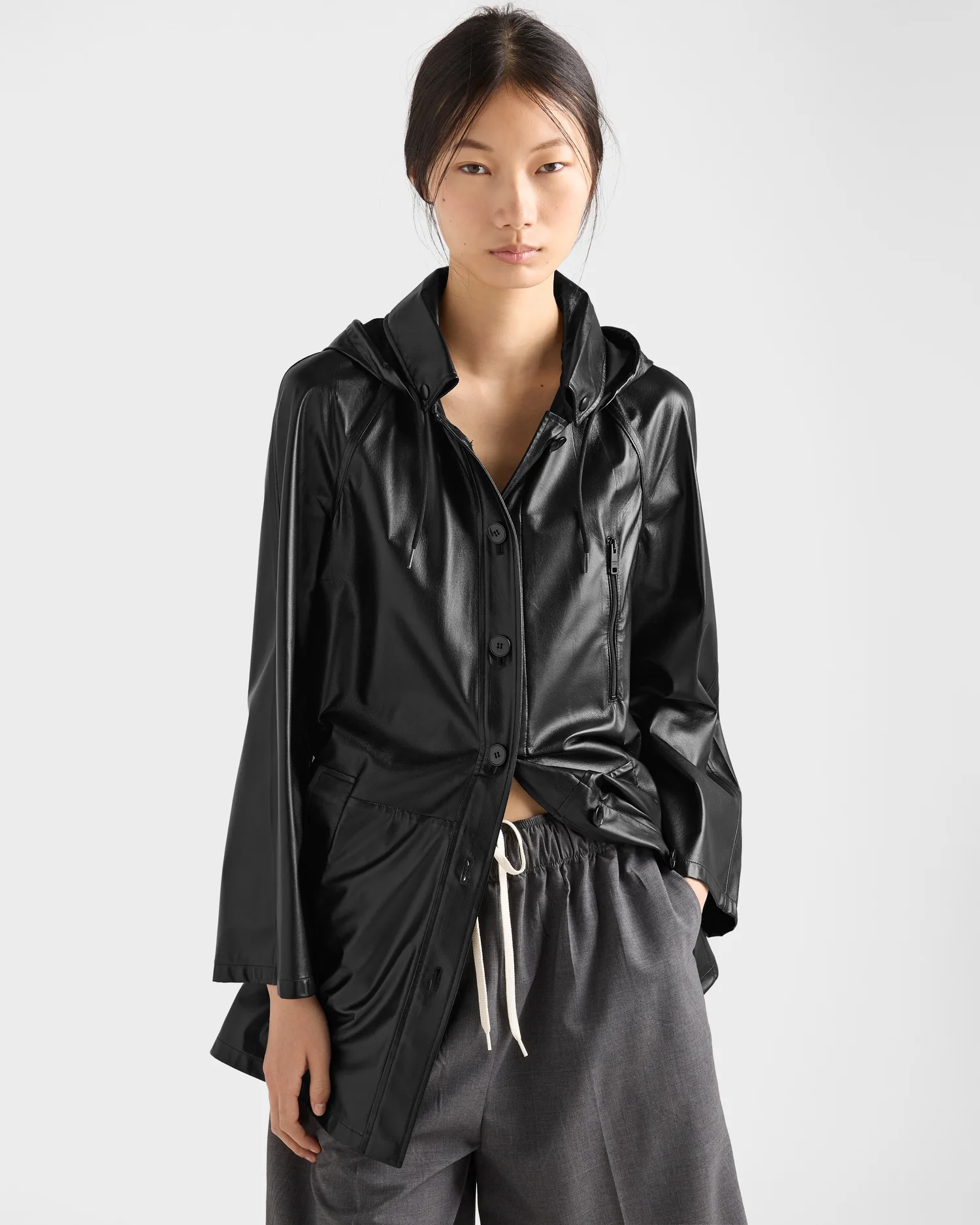 Куртка-кабан с капюшоном из наппы и ткани Prada, черный — фото 4