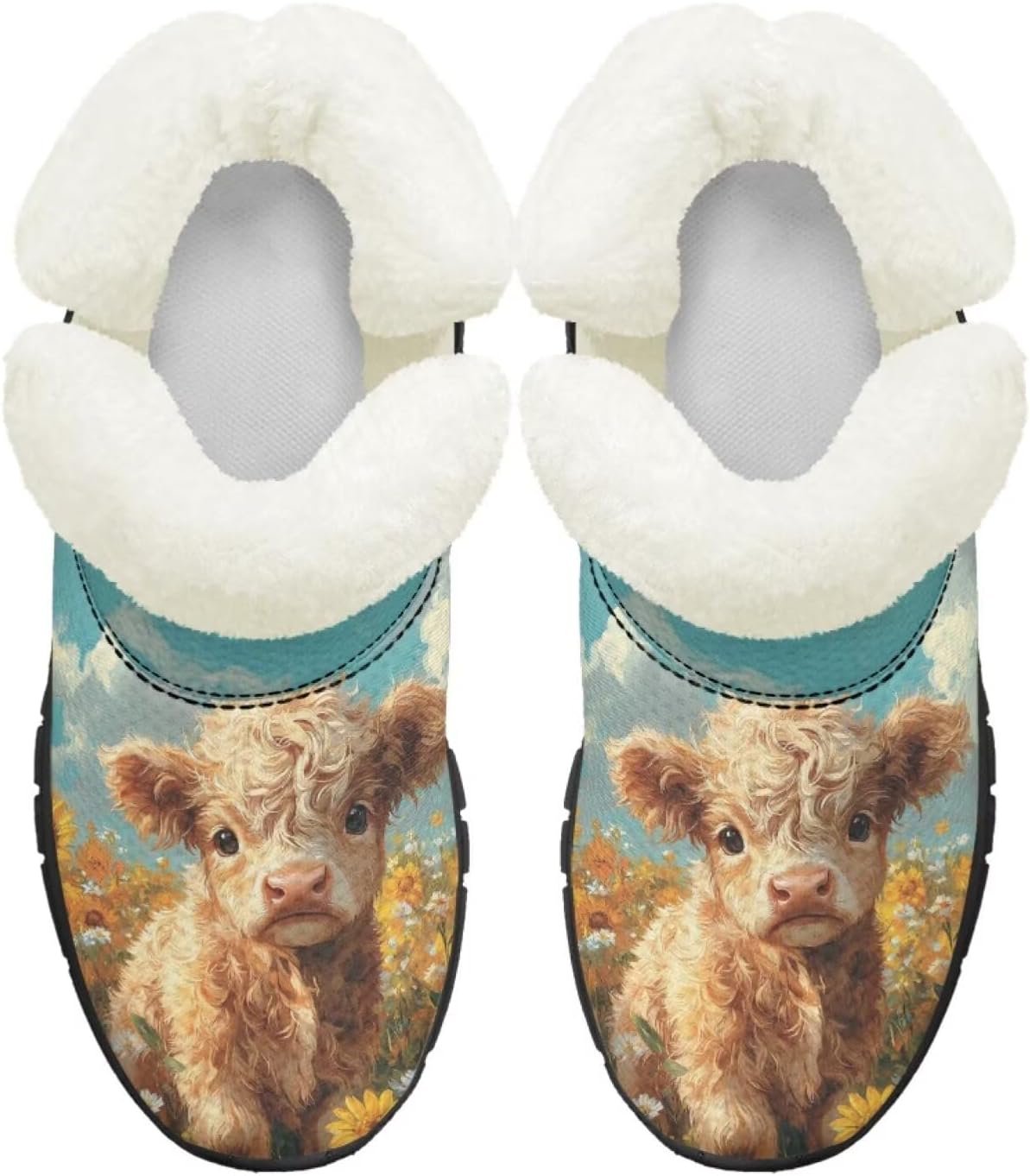 

Детские ботинки для девочек на зиму с меховой подкладкой, противоскользящие зимние ботинки для прогулок и бега, слипоны Pointodoor, Highland Cow Sunflowers Printed