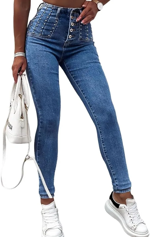 

Женские джинсы с высокой талией и жемчужными пуговицами Akivide