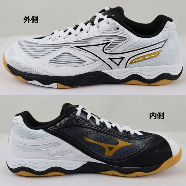 Унисекс кроссовки для настольного тенниса «Wave Medal 7» от Mizuno, 02 White X Black X Gold — фото 3