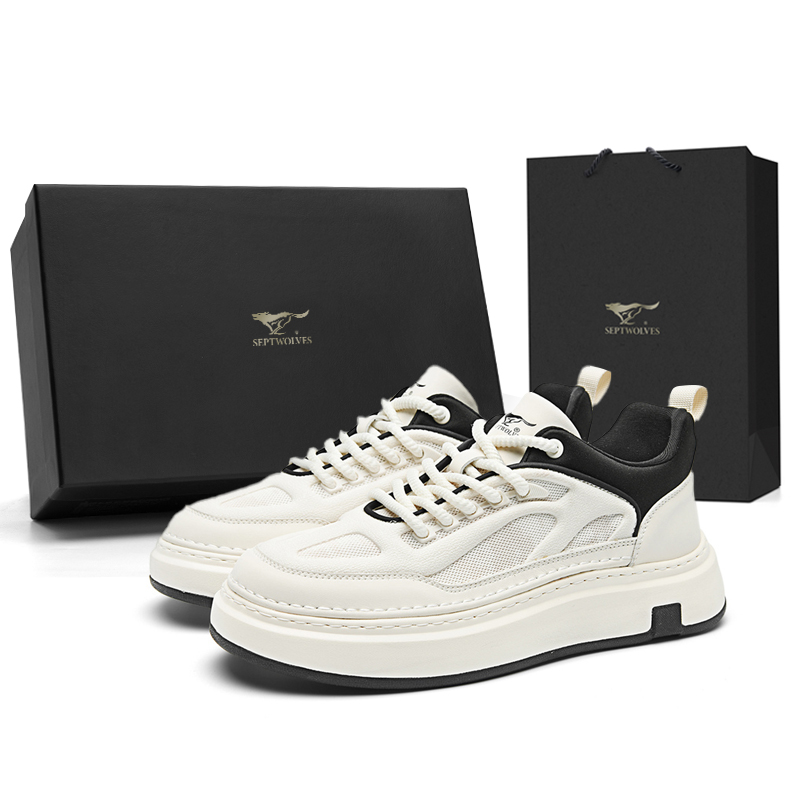 

SEPTWOLVES Низкие скейтерские кросcовки мужские бежевые белые черные, цвет Beige, White, Black (Standard Leather Shoe Size)