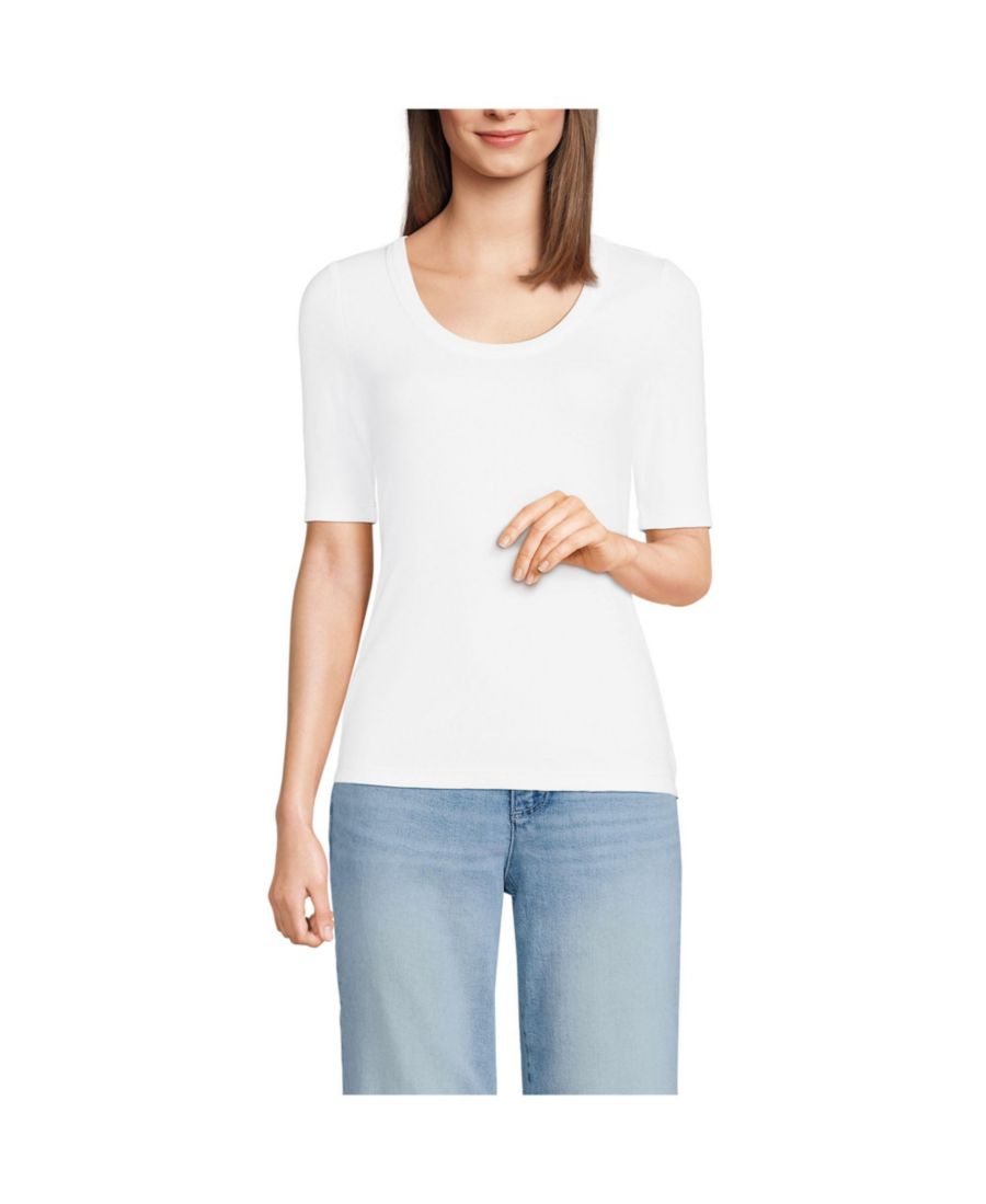 

Женская футболка в рубчик, облегающая, с рукавами до локтя и круглым вырезом Lands' End, White