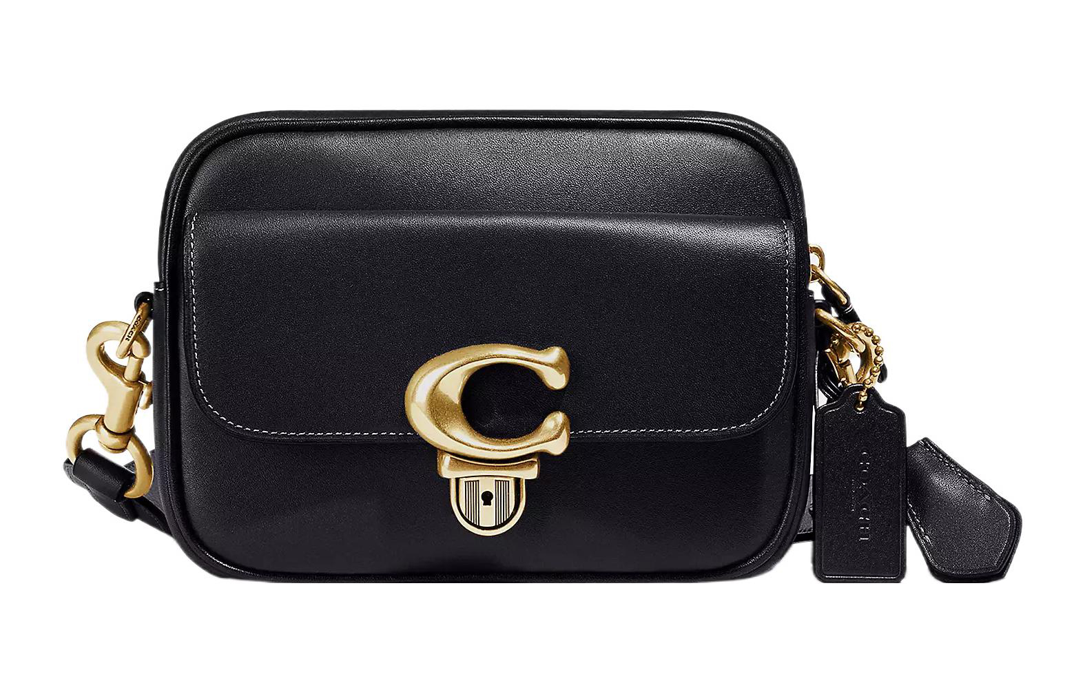 

COACH Кожаная студийная маленькая квадратная сумка через плечо небольшого размера женская темно-синяя