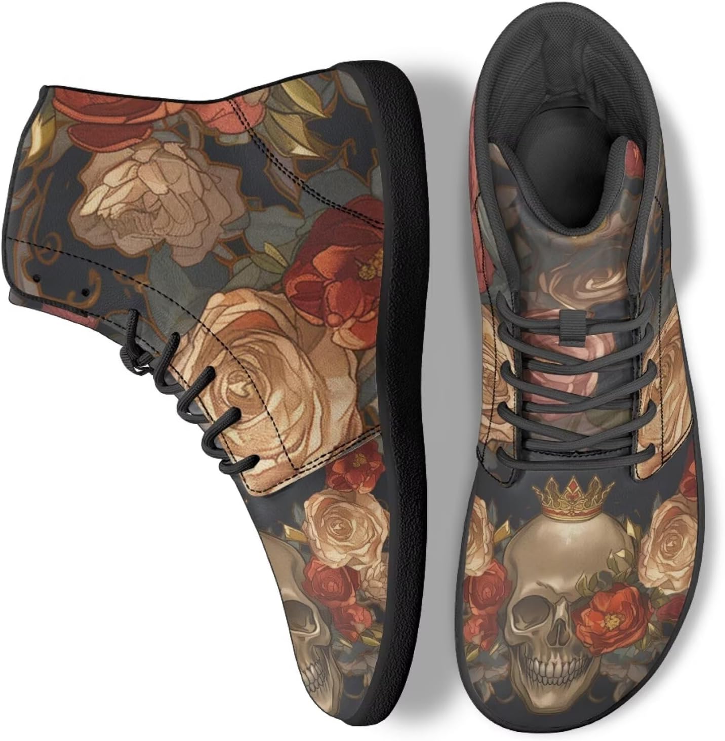 

Женские высокие обувь для ходьбы из PU-кожи, кроссовки, спортивные теннисные кроссовки Ecaestolph, Goth Skull Rose Flower