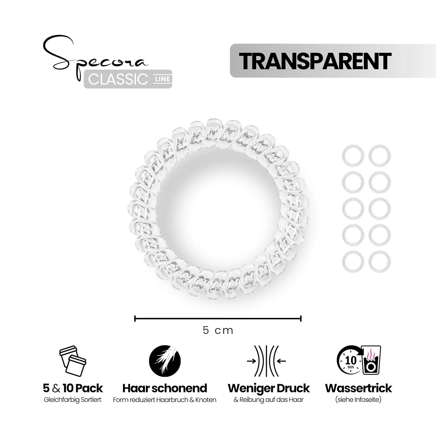 Прозрачная спиральная резинка для волос 5 см, 5 шт. Specora, Transparent — фото 3