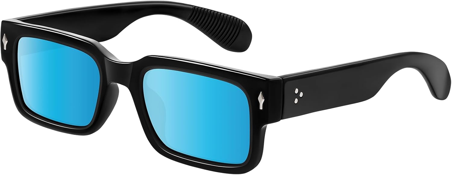 

Поляризованные солнцезащитные очки для мужчин и женщин - модные квадратные солнцезащитные очки скульптурной формы для вождения и игры в гольф VMAEB, Black Frame/Blue Mirrored Lens