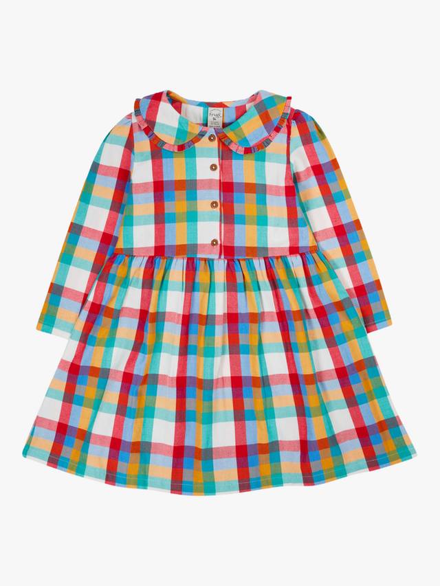 

Детское платье Ffion с длинными рукавами из хлопка Frugi, Rainbow Check