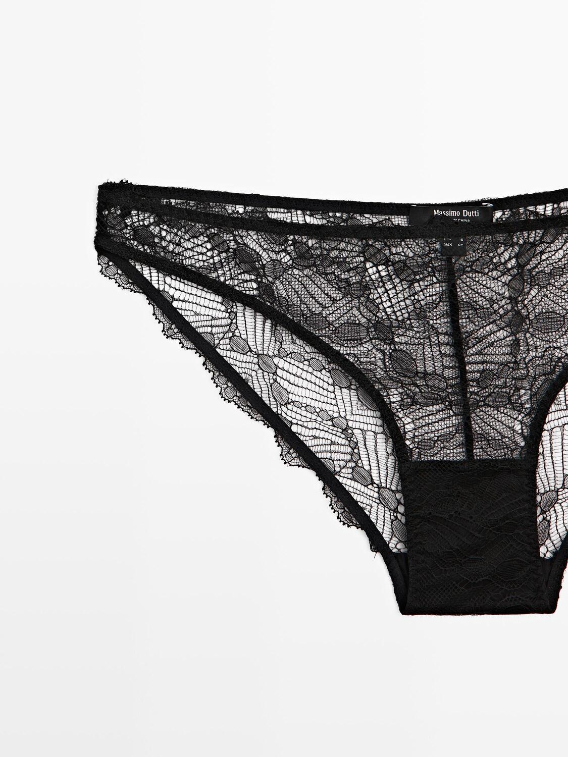 Кружевные трусы с отделкой из кружева шантильи Massimo Dutti, black — фото 4