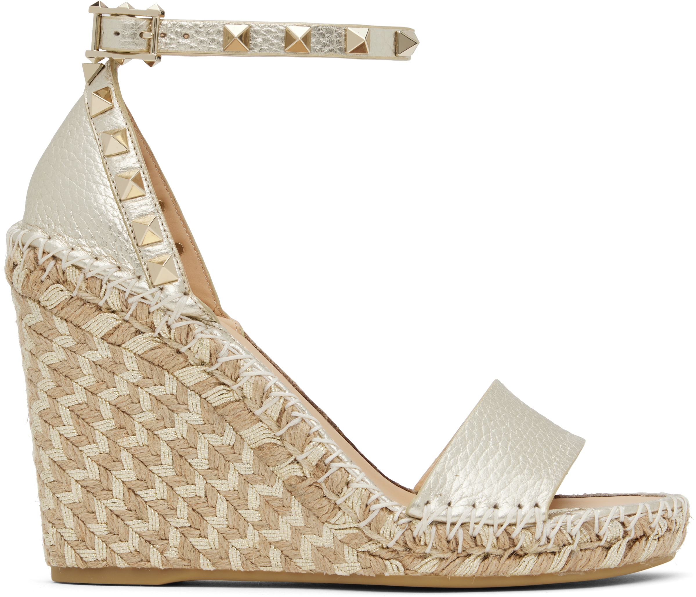 Серебристые босоножки на танкетке Double Rockstud из зернистой телячьей кожи Valentino Garavani