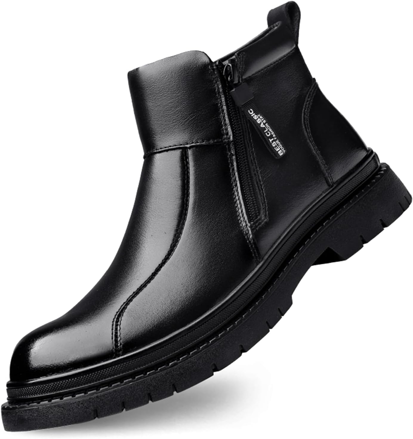 

Мужские кожаные ботинки Dacnakby, зимняя обувь, теплые зимние ботинки с боковыми двойными молниями, низкие, противоскользящие, водоотталкивающие, для улицы, для снега, повседневная ходьба, короткие ботильоны, черный