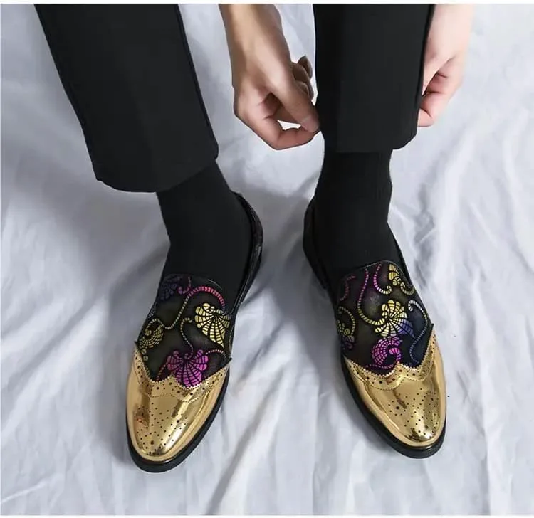Формальные туфли Oxfords для мужчин, слипоны, золотые с тиснением Brogue, с крыльями, цветочная аппликация, резиновая подошва, каблук-блок, противоскользящие, устойчивые к скольжению для ходьбы (Цвет: разноцветный, Размер: 10,5) EVSER — фото 2