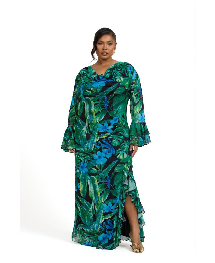 

Женское длинное платье с оборками и воротником-хомутом, с принтом пальм FASHION-SZN CURVE, Green