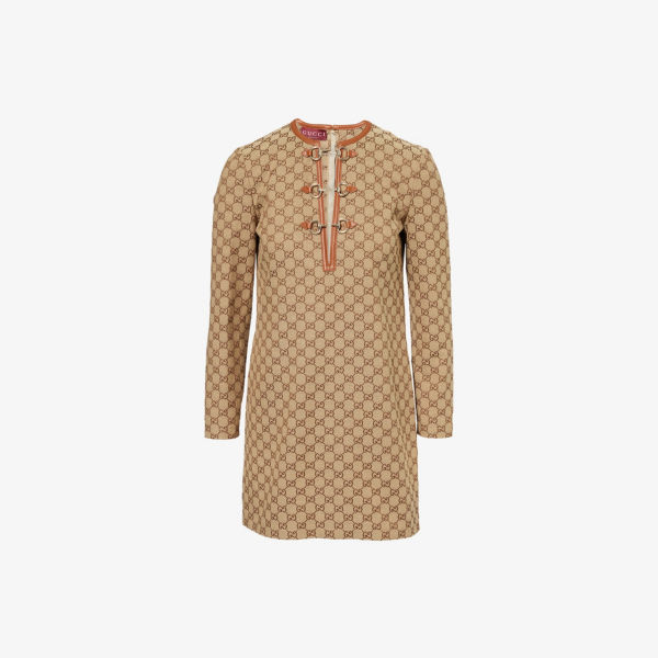 

Платье мини Gucci GG с декором ворота и фирменным принтом, коричневый