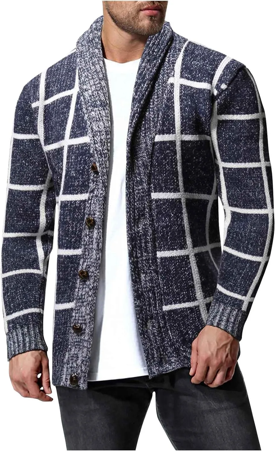 

Мужской кардиган в клетку с воротником-шалью AQAYL