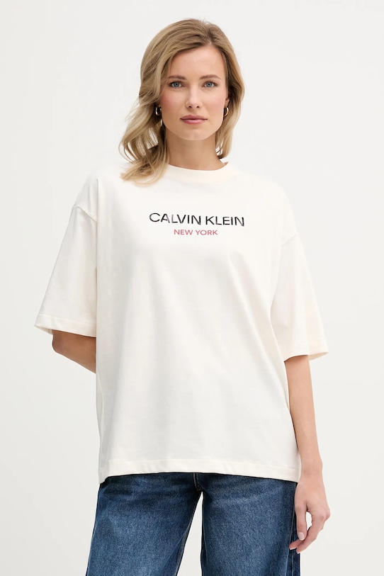 

Хлопковая футболка Calvin Klein Jeans, бежевый