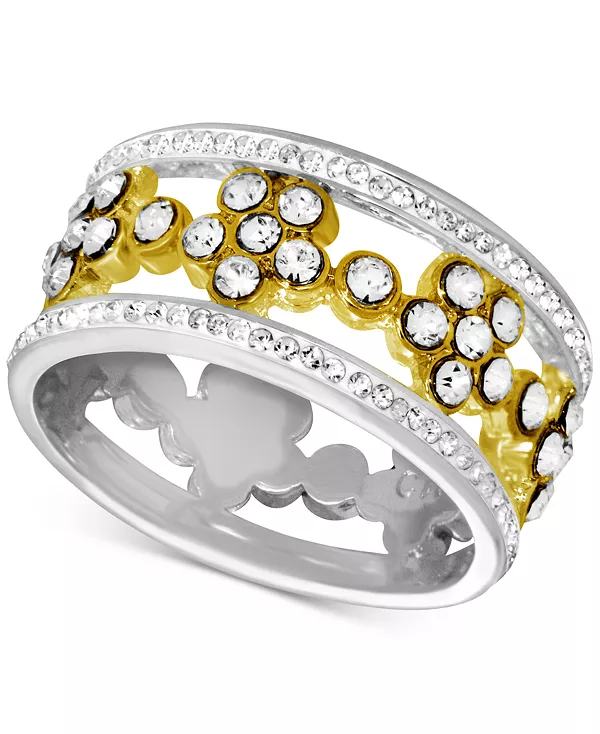 

Кольцо-Лента с цветочным кристаллом и ажурным узором на двухцветной пластине Essentials, two-tone