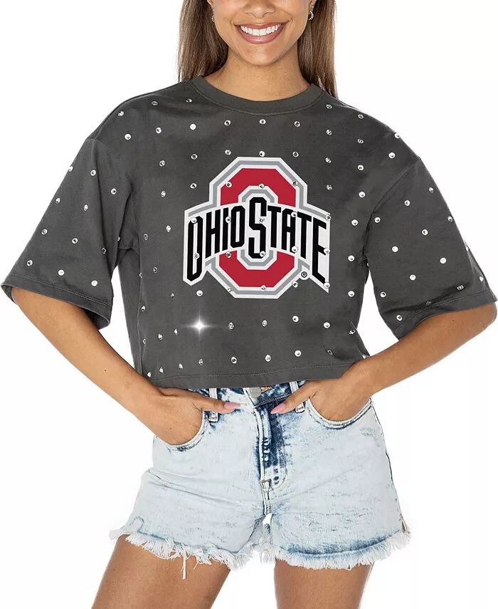 

Женская серая укороченная футболка Ohio State Buckeyes Go Time со стразами Gameday Couture