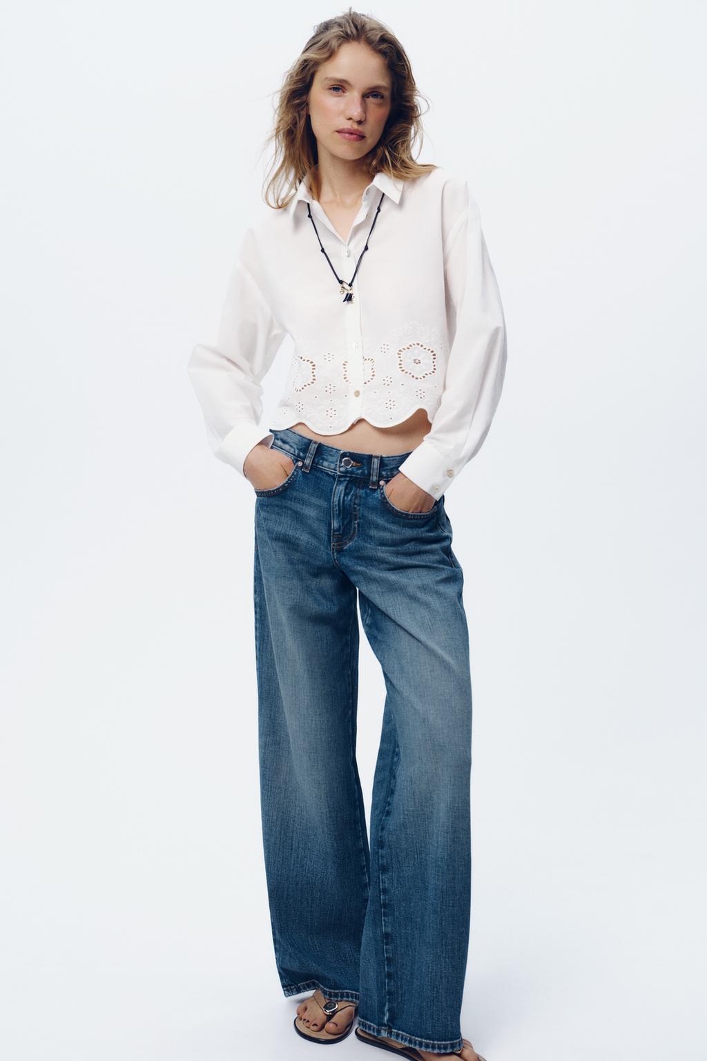 

Укороченная рубашка с ажурной вышивкой ZARA, белый