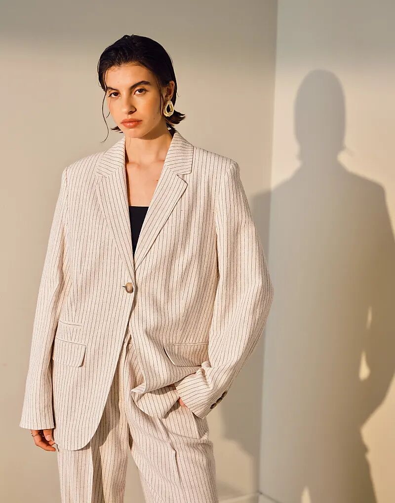 

Льняной пиджак Topshop coord на одной пуговице в тонкую кремовую полоску