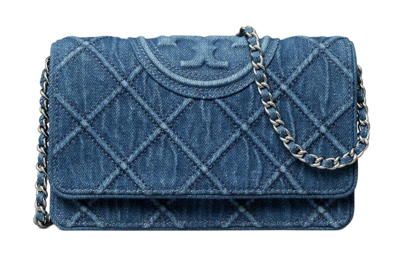 

TORY BURCH Сумка через плечо Fleming Denim с кожаной вставкой Nappa, кроссбоди, кошелек, женская, деним синий
