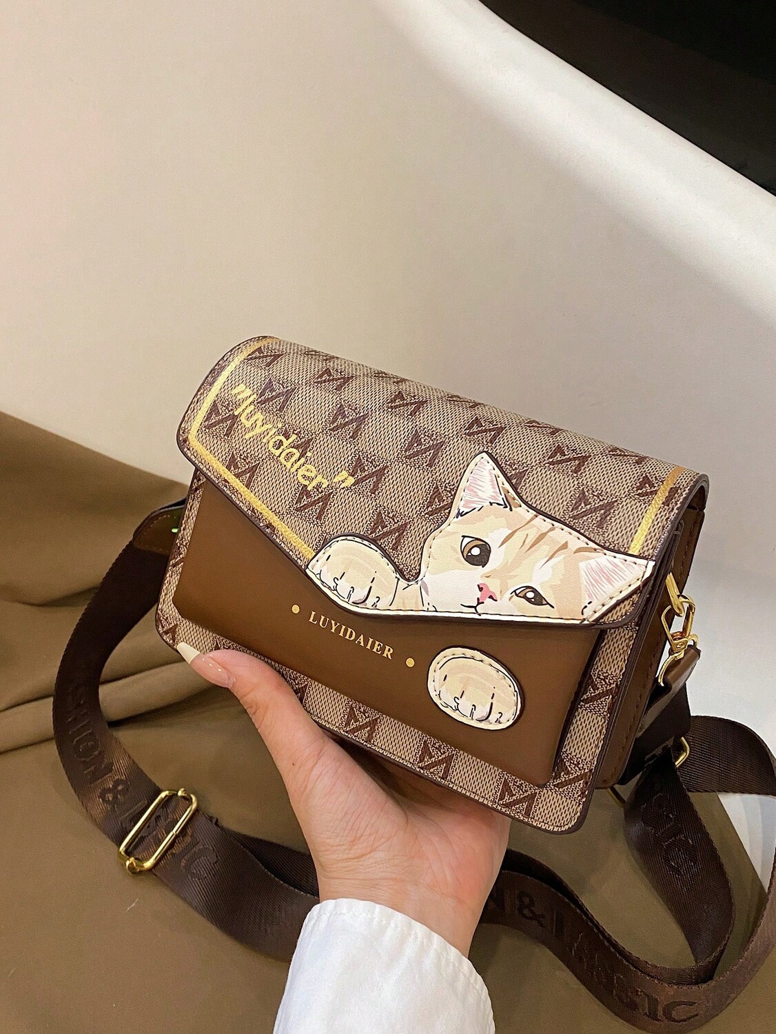 

Сумка через плечо с милым котом, двухслойная женская модная сумка с клапаном на одно плечо, хаки