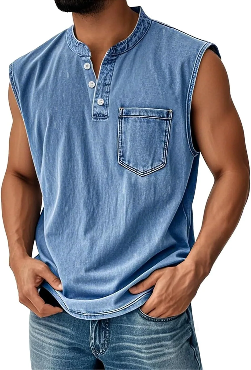 

Мужская майка Muscle Tank Top Vintage с эффектом поношенности и воротником хенли tobchonp