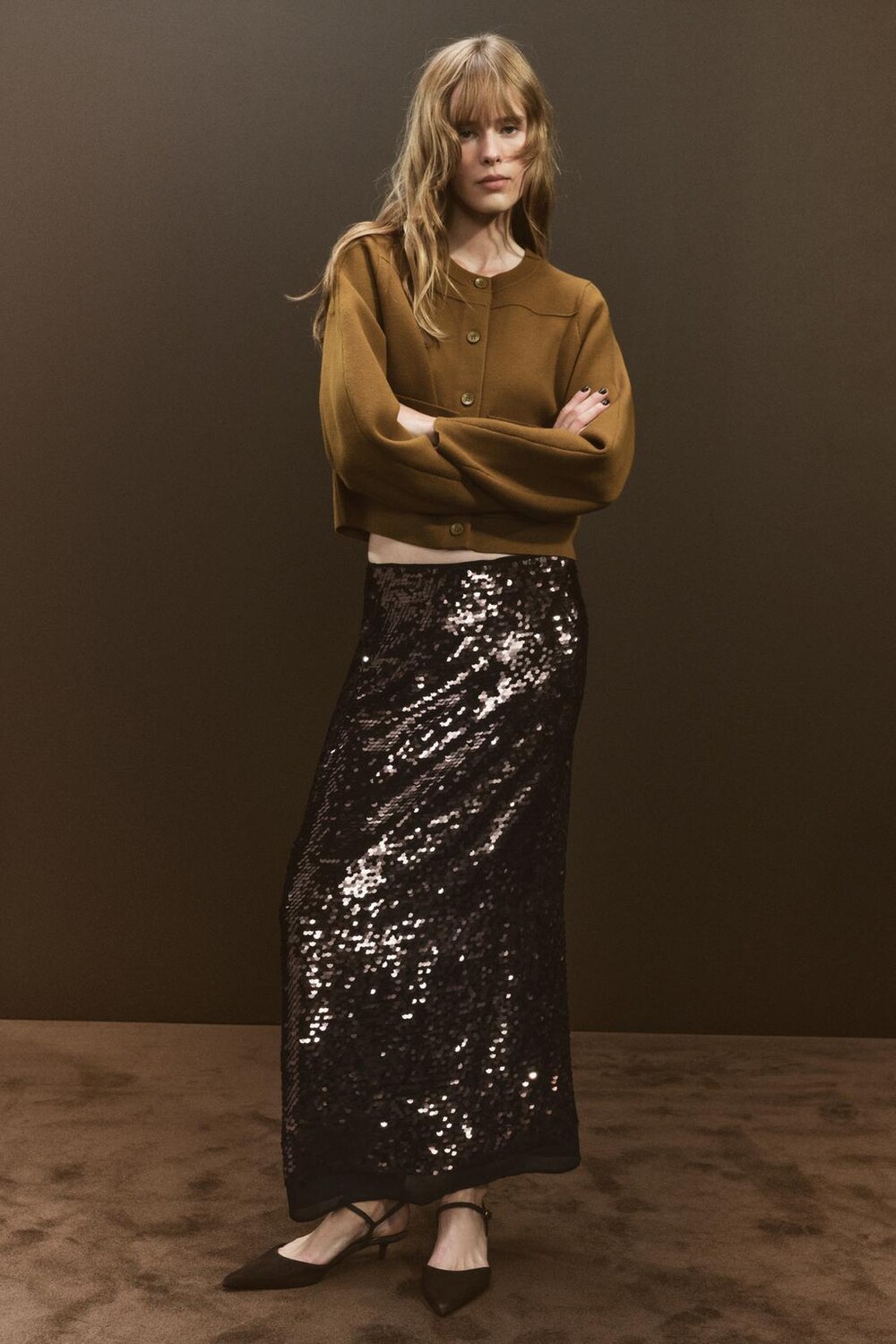 

Кардиган однотяжной вязки ZARA, темно-оливковый