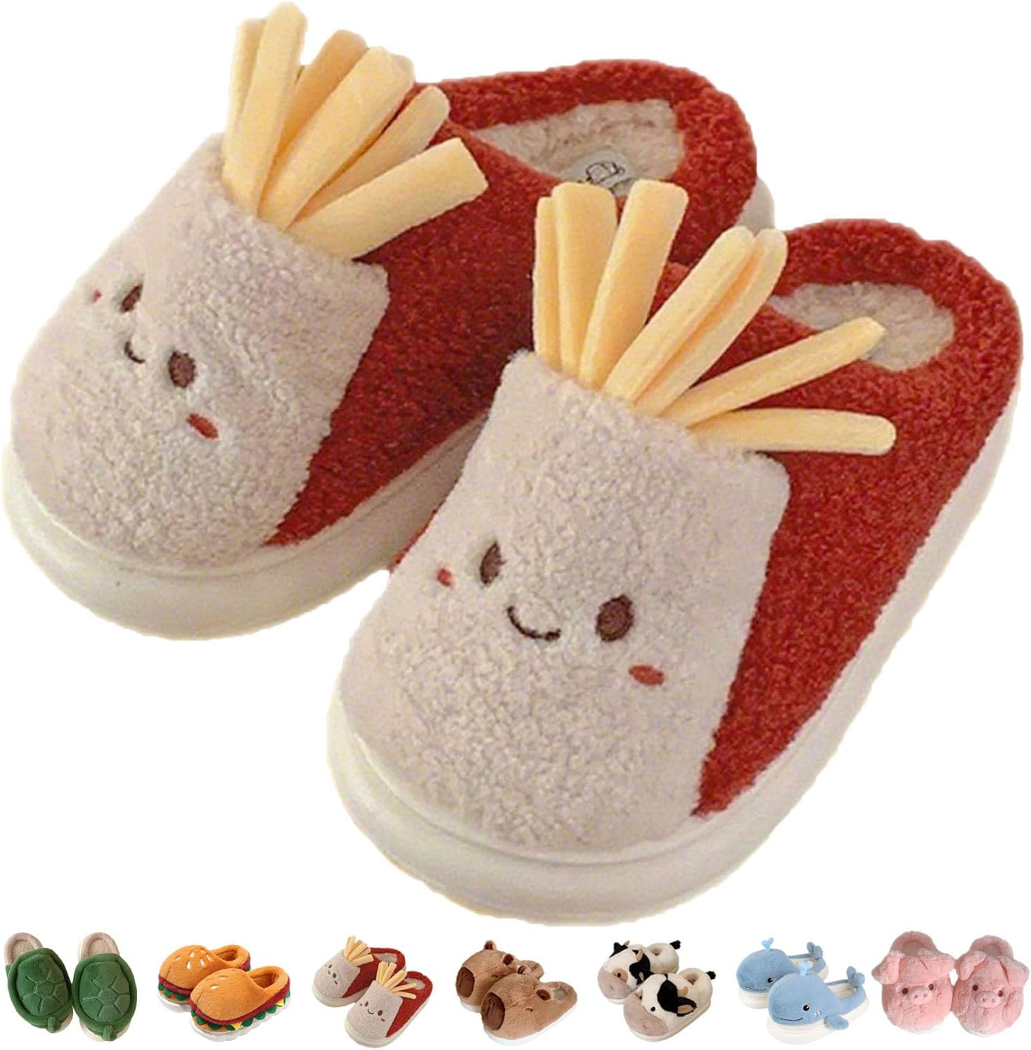 

Тапочки Jfxgjuv в виде черепахи, пушистые тапочки-животные для взрослых и детей, милые плюшевые тапочки-гамбургер, капибара, корова, свинья, акула, мягкие зимние теплые домашние обувь для улицы и дома, French Fries